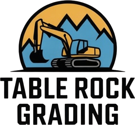 Table Rock Grading logo with excavator and mountain background